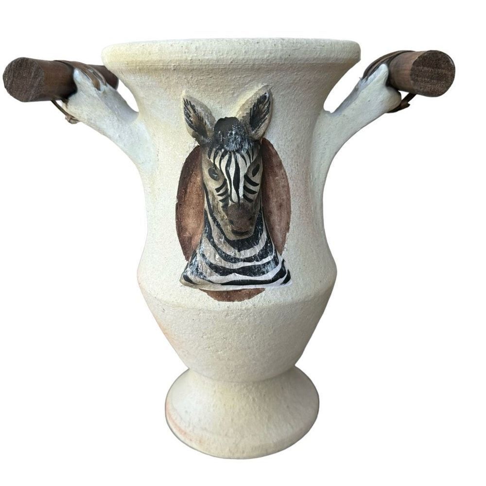 Handmade vintage clay zebra vase made in Philippines 9”